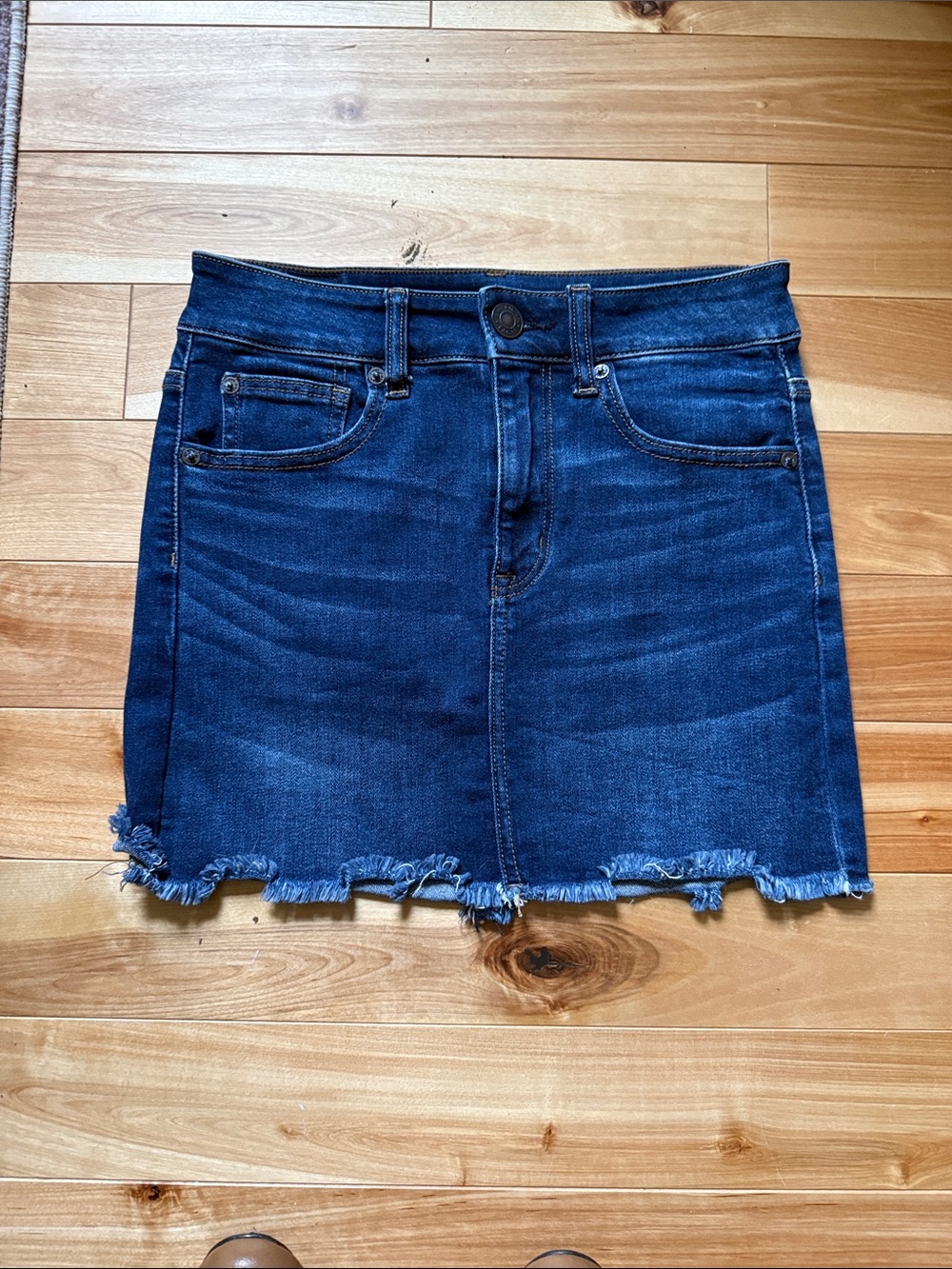 American Eagle Outfitters Dark Blue Denim Frayed-Hem Mini Skirt